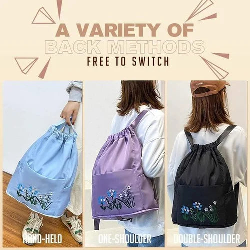 Waterproof Drawstring Gym Backpack Embroidery Lightweight Oxford Shoulders Bag Travel Bag for Women