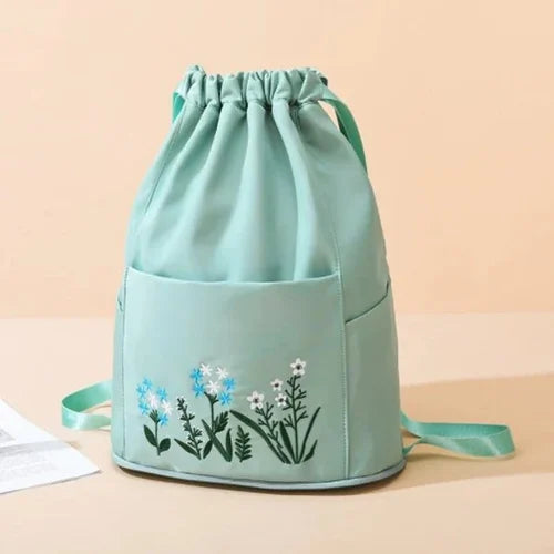 Waterproof Drawstring Gym Backpack Embroidery Lightweight Oxford Shoulders Bag Travel Bag for Women