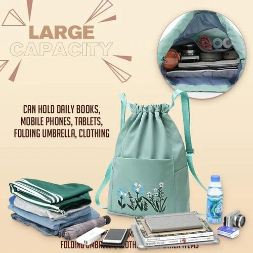Waterproof Drawstring Gym Backpack Embroidery Lightweight Oxford Shoulders Bag Travel Bag for Women