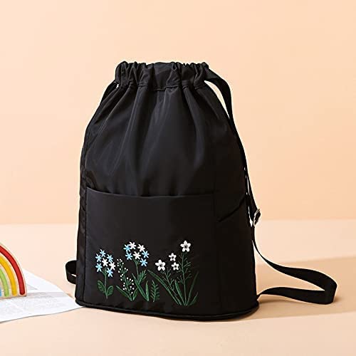 Waterproof Drawstring Gym Backpack Embroidery Lightweight Oxford Shoulders Bag Travel Bag for Women