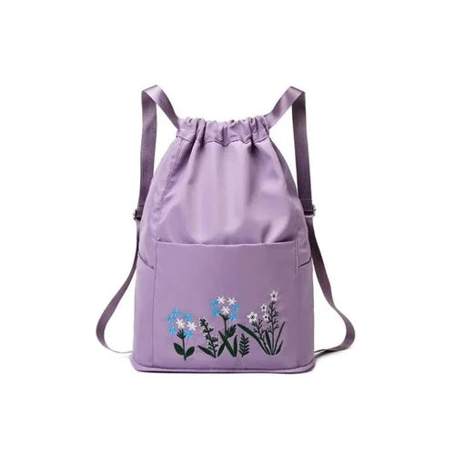 Waterproof Drawstring Gym Backpack Embroidery Lightweight Oxford Shoulders Bag Travel Bag for Women