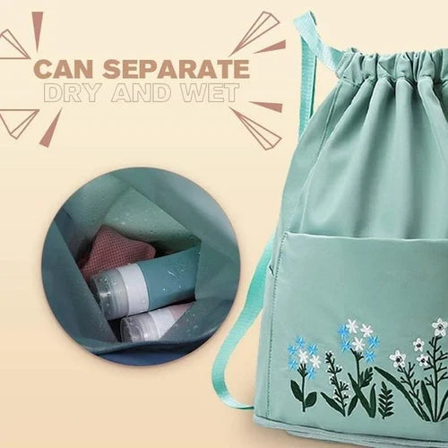 Waterproof Drawstring Gym Backpack Embroidery Lightweight Oxford Shoulders Bag Travel Bag for Women