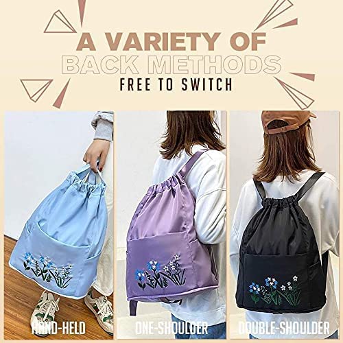 Waterproof Drawstring Gym Backpack Embroidery Lightweight Oxford Shoulders Bag Travel Bag for Women