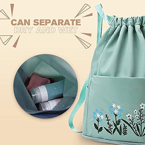 Waterproof Drawstring Gym Backpack Embroidery Lightweight Oxford Shoulders Bag Travel Bag for Women