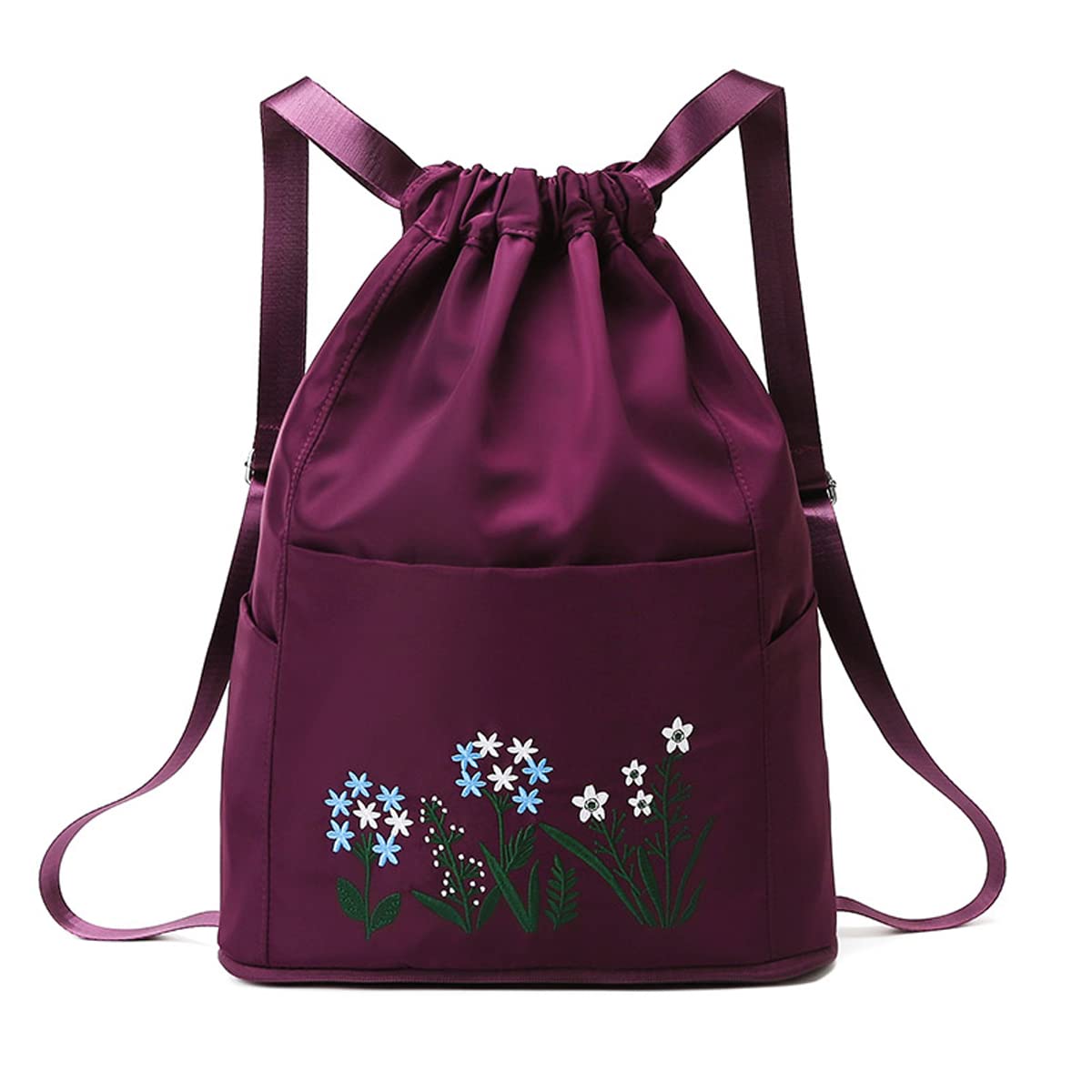 Waterproof Drawstring Gym Backpack Embroidery Lightweight Oxford Shoulders Bag Travel Bag for Women
