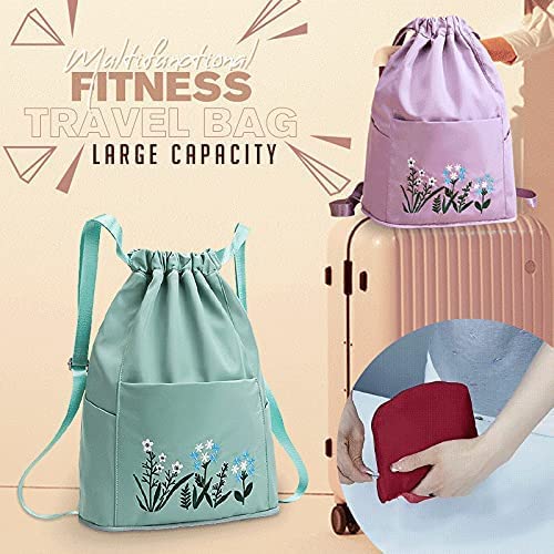 Waterproof Drawstring Gym Backpack Embroidery Lightweight Oxford Shoulders Bag Travel Bag for Women