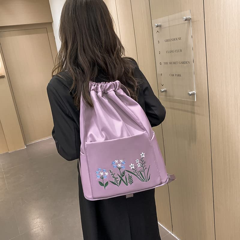 Waterproof Drawstring Gym Backpack Embroidery Lightweight Oxford Shoulders Bag Travel Bag for Women