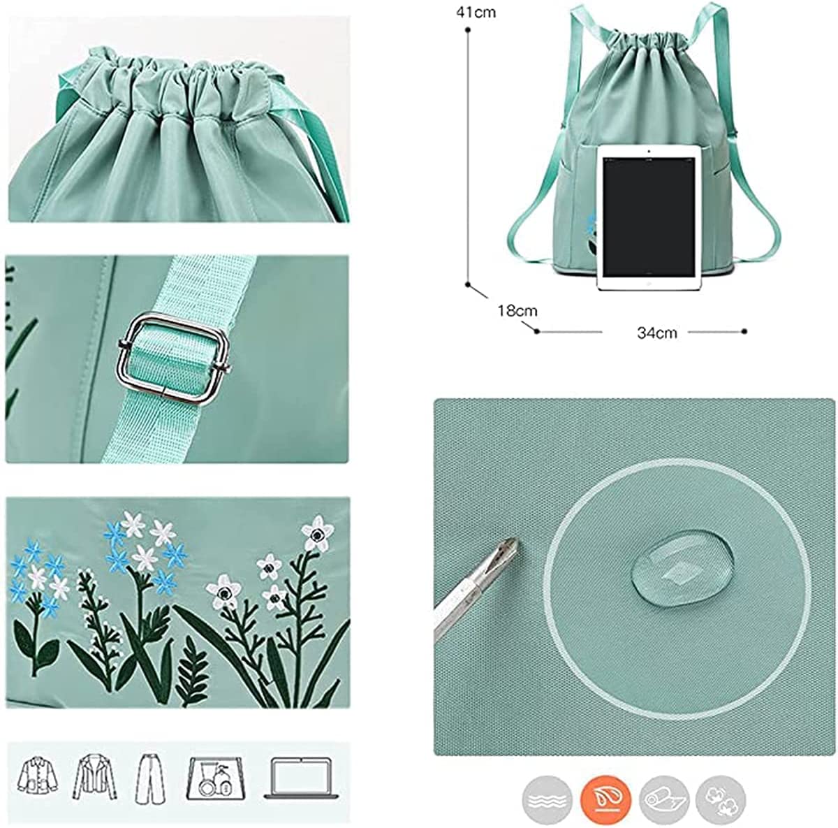 Waterproof Drawstring Gym Backpack Embroidery Lightweight Oxford Shoulders Bag Travel Bag for Women
