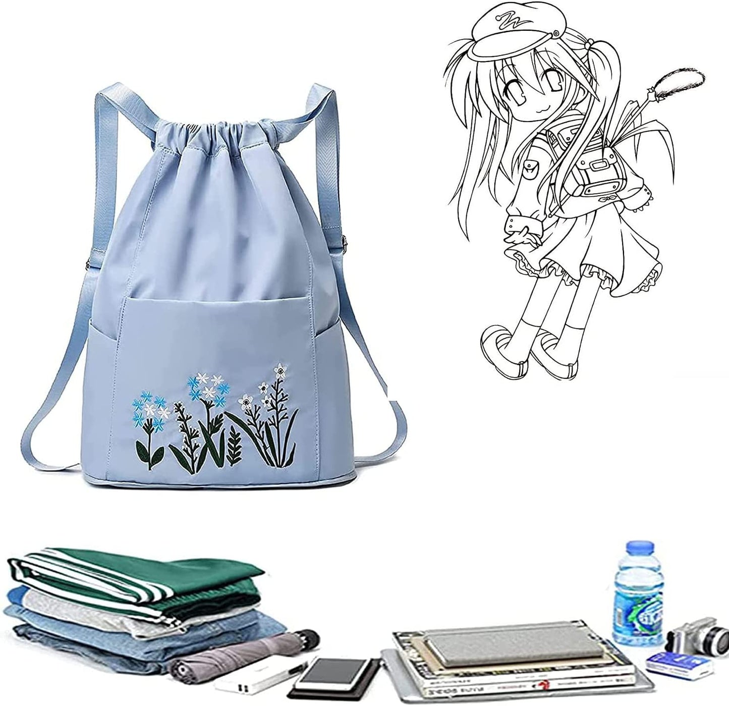 Waterproof Drawstring Gym Backpack Embroidery Lightweight Oxford Shoulders Bag Travel Bag for Women